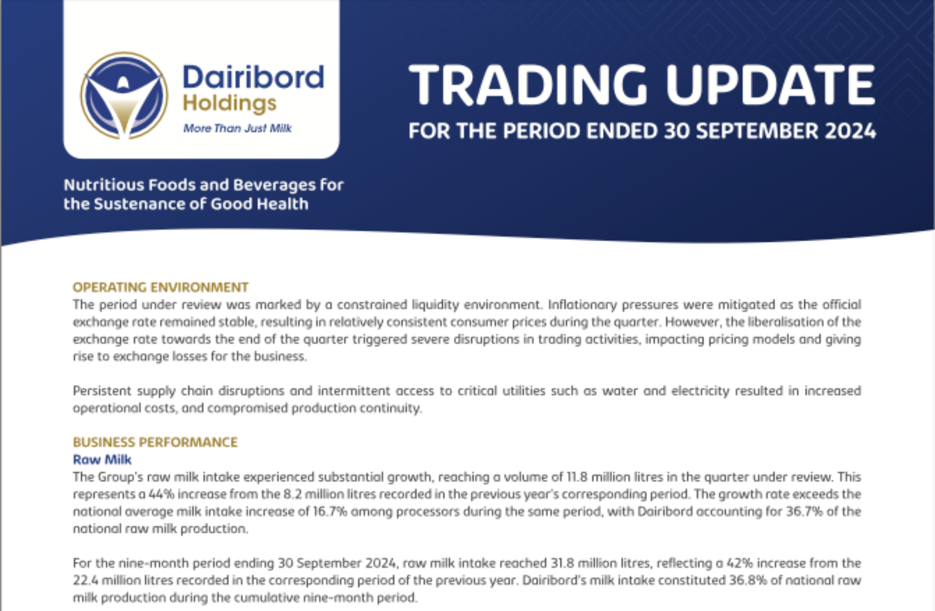 Trading Update for the period ended 30 Sep 2024